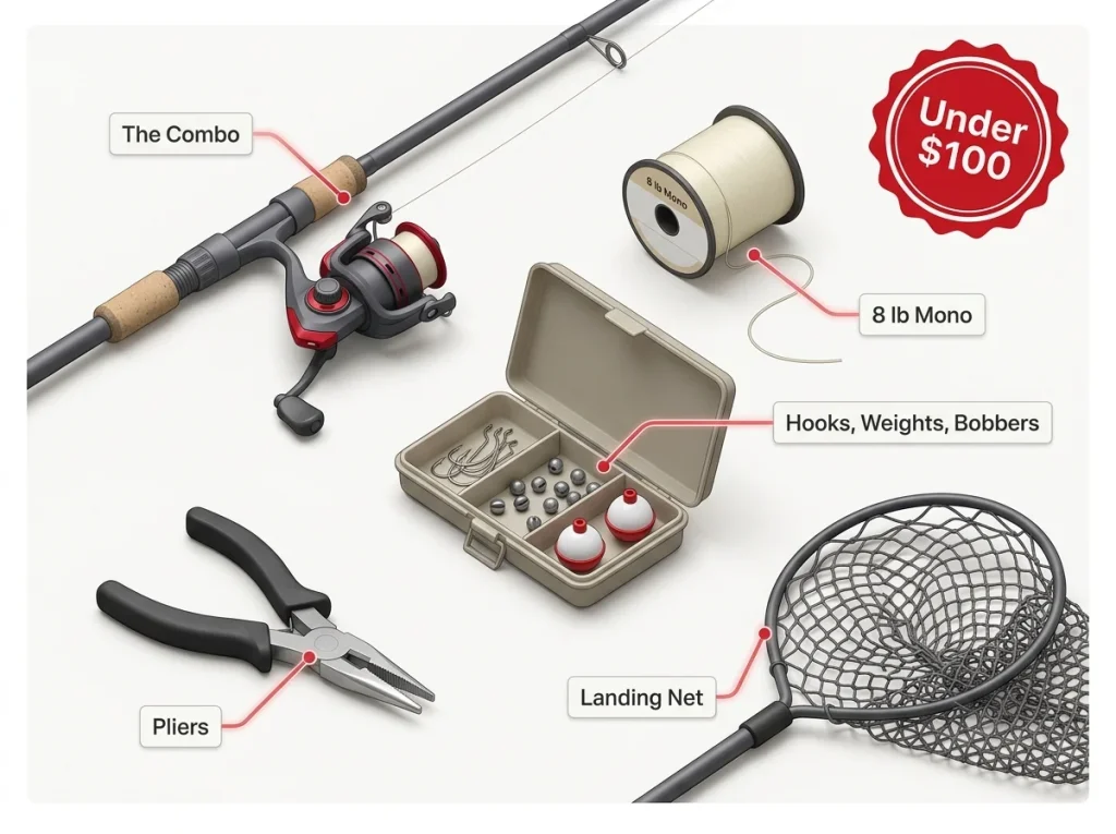 Annotated flat-lay showing a complete beginner fishing kit under $100 with combo, line, tackle box, pliers, and net labeled