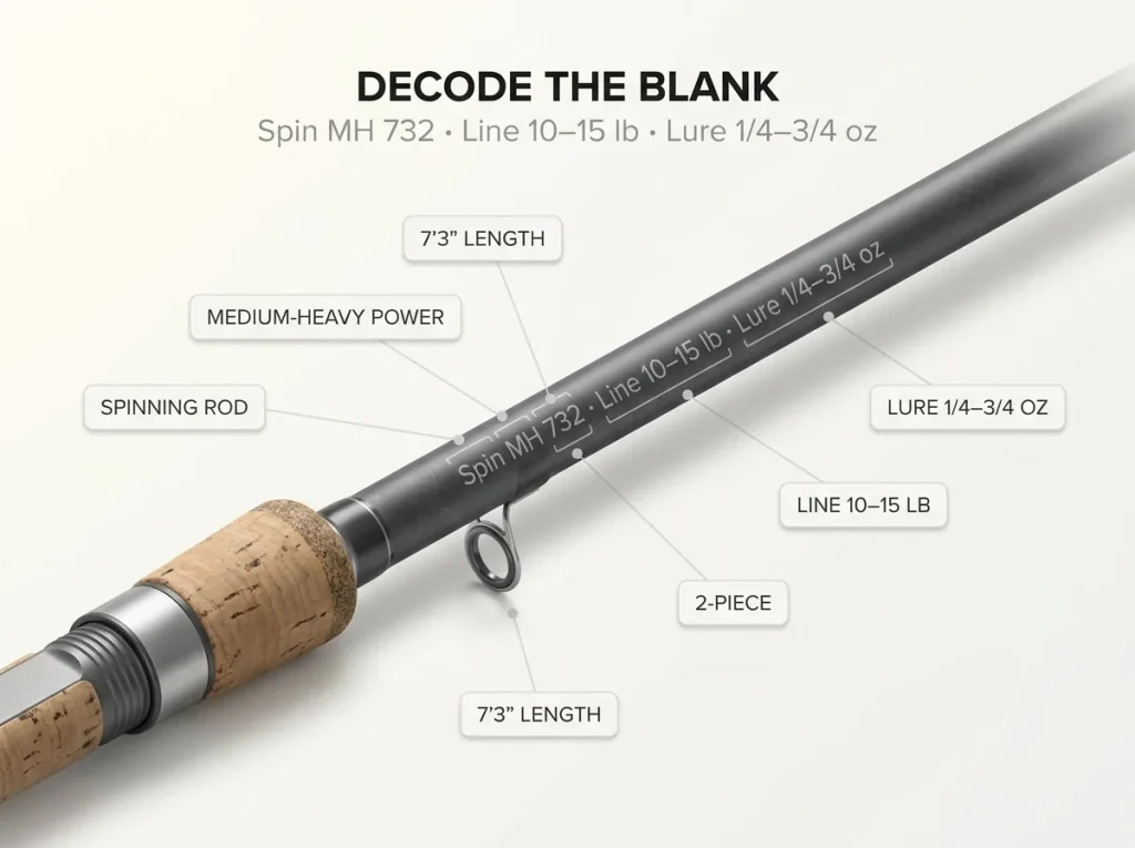 Annotated close-up of a fishing rod blank marking with callout lines decoding type, power, length, pieces, line and lure range