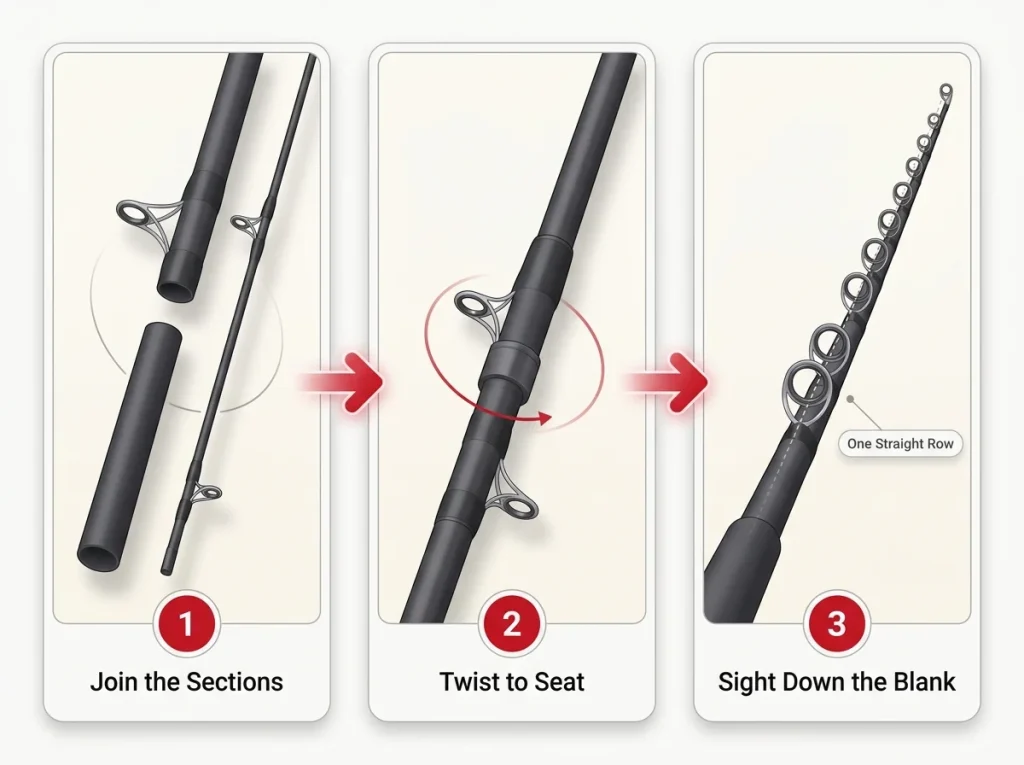 Step-by-step sequence showing a two-piece rod joined and sighted down the guides to check alignment