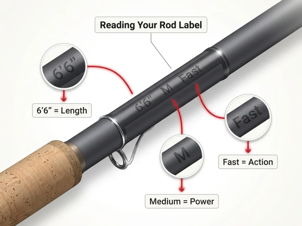 Annotated diagram showing a fishing rod spec label with length, power, and action callouts explained in plain English