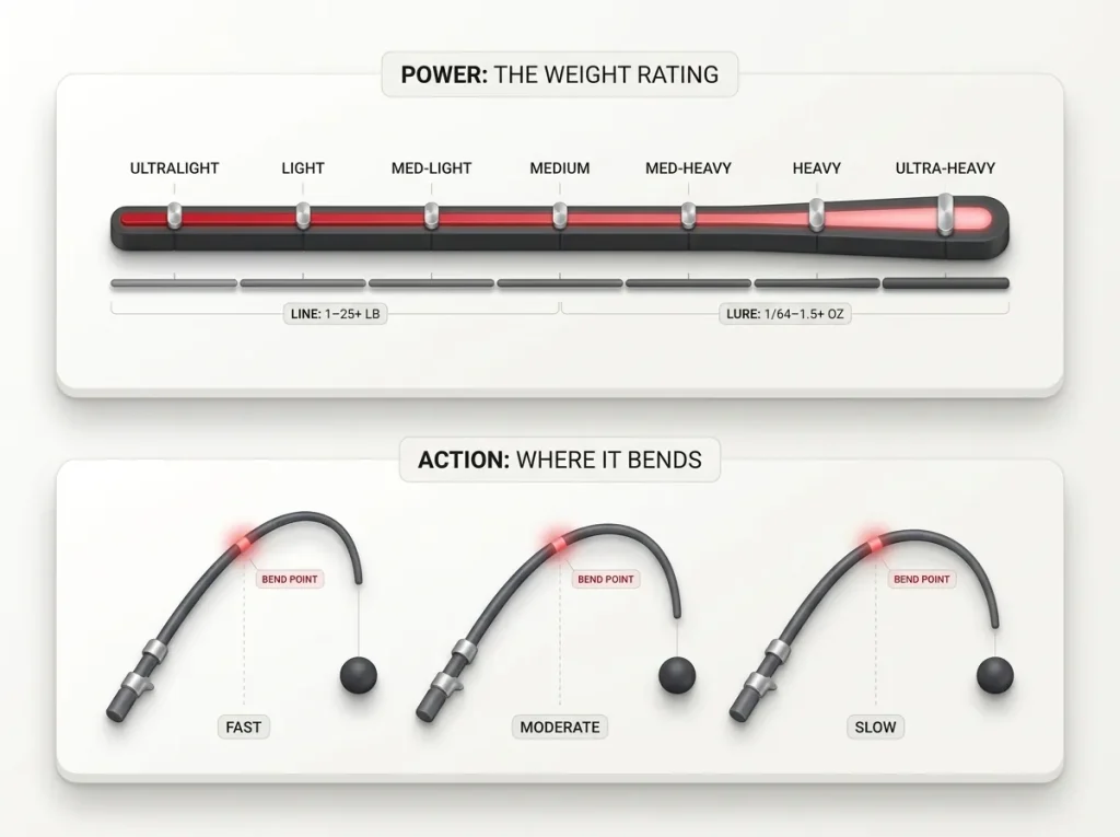 Two-panel diagram showing rod power scale with line and lure ranges plus fast, moderate, and slow action bend points