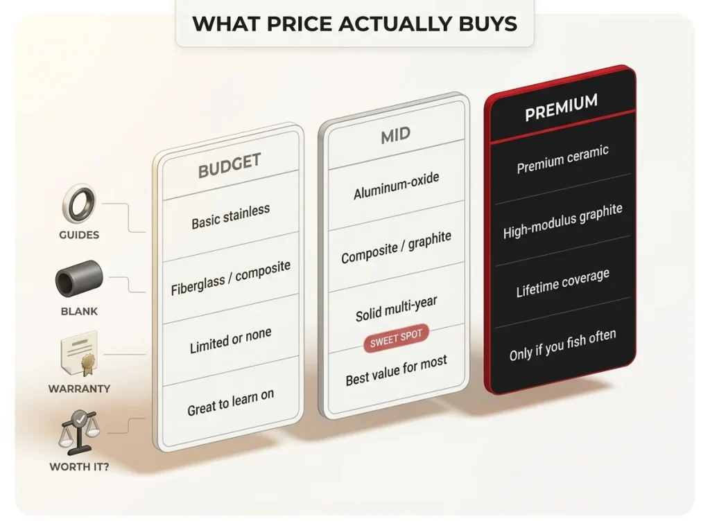 Three-tier table comparing budget, mid, and premium fishing rods across guides, blank, warranty, and worth-it verdict