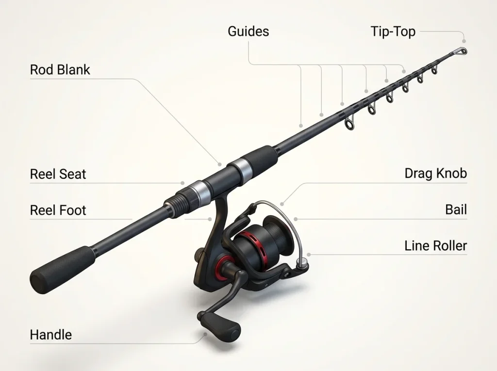 Annotated diagram of a spinning rod and reel combo labeling blank, guides, tip-top, reel seat, bail, and drag knob