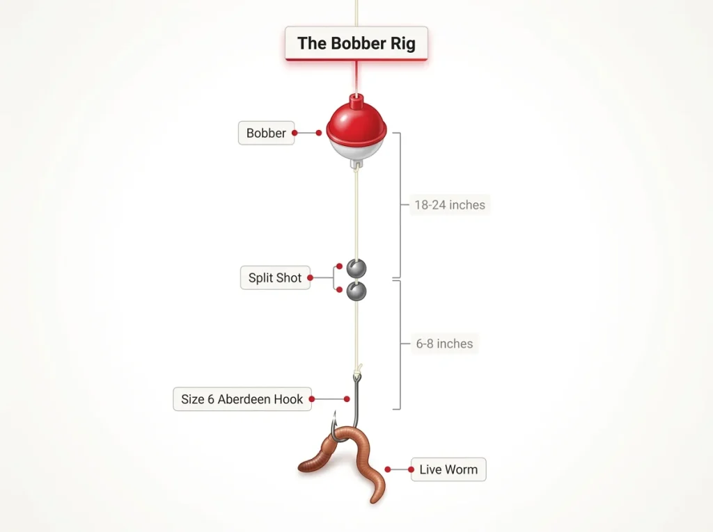 Step-by-step diagram showing a split-shot bobber rig with bobber, split shot, and hook spacing measurements labeled