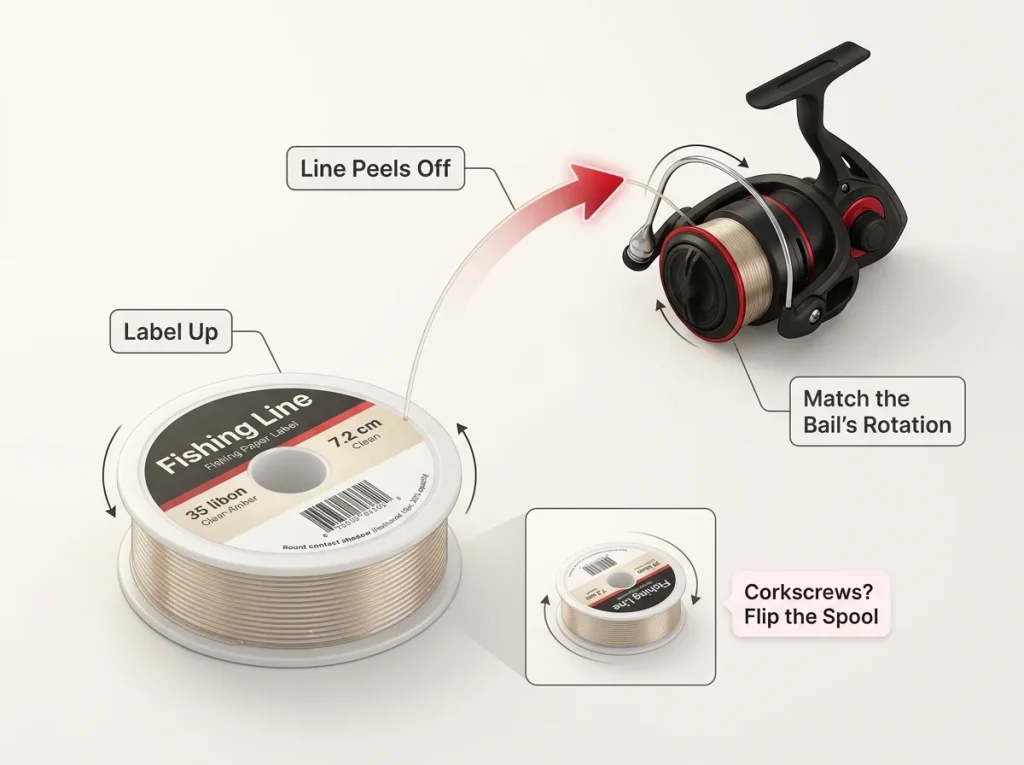 Diagram showing the filler spool rotation rule for spooling line without twist, with a flip-the-spool callout