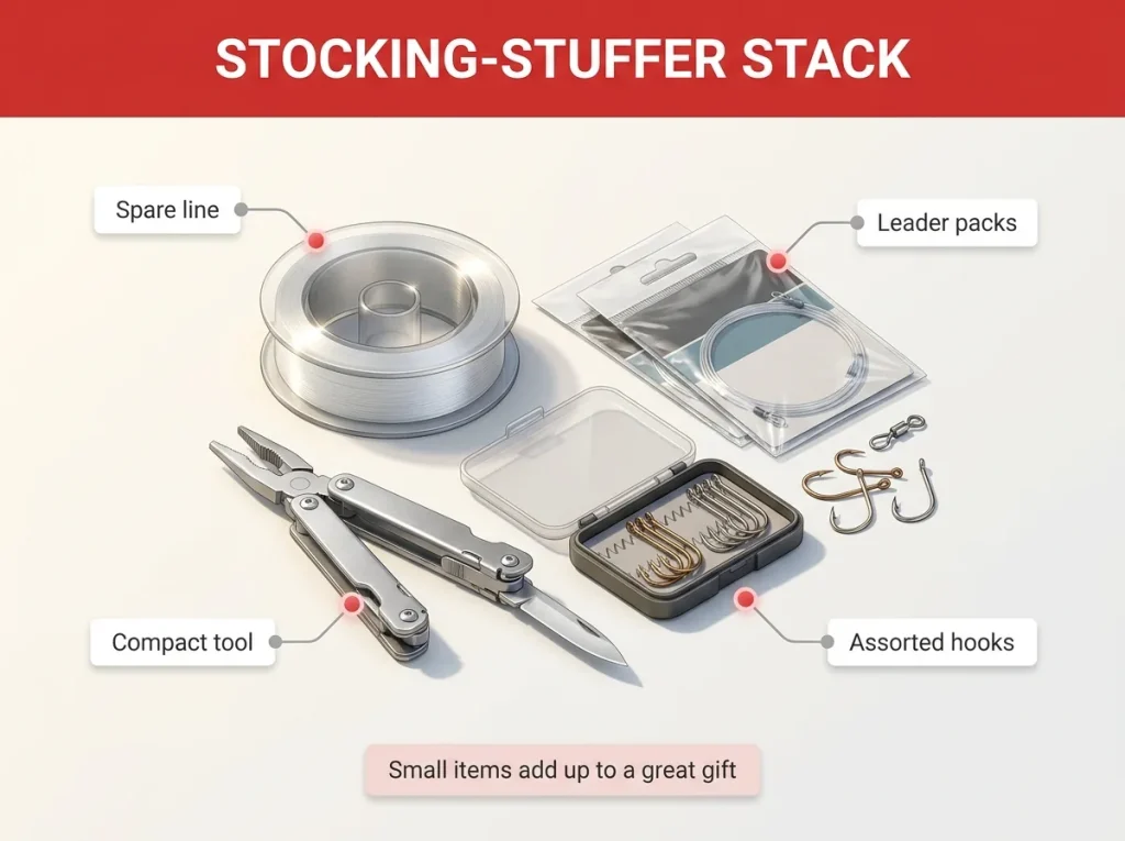 Infographic flat-lay showing low-cost fishing consumables — line spool, leader packs, hooks, small tool — labeled as a thoughtful gift