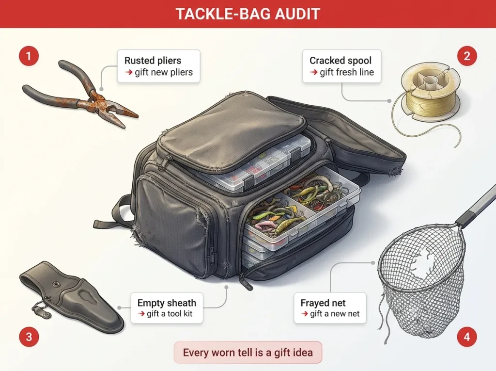 Infographic showing a worn tackle bag audit with labeled call-outs pointing at rusted pliers, cracked line spool, missing sheath, frayed net