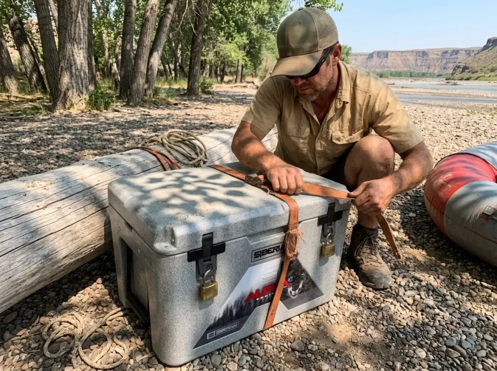 A bear-resistant fishing cooler padlocked and strapped down at a backcountry river camp