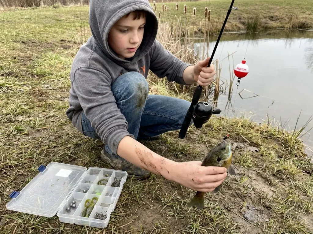 Young angler at a pond edge with a small tackle box and a red and white bobber holding a bluegill