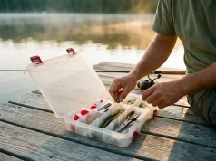 Why Your First Tackle Box Needs Less, Not More Open Plano 3600 tackle box with a beginner's starter spread on a dock at a calm lake