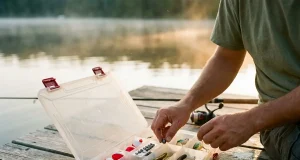 Why Your First Tackle Box Needs Less, Not More Open Plano 3600 tackle box with a beginner's starter spread on a dock at a calm lake