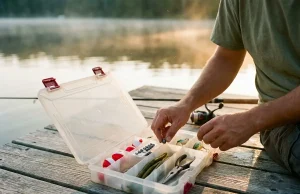 Why Your First Tackle Box Needs Less, Not More Open Plano 3600 tackle box with a beginner's starter spread on a dock at a calm lake