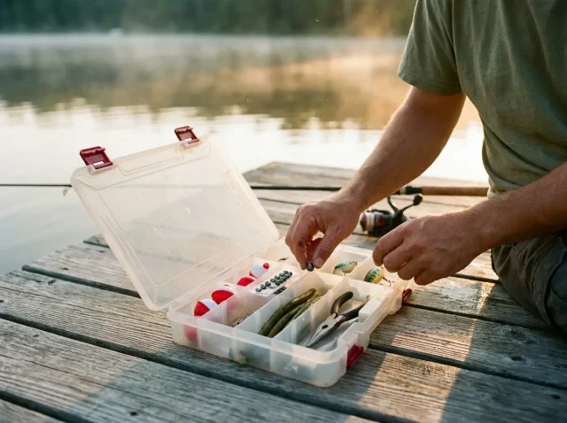 beginner-tackle-box-essentials-starter-box-lakeside Open Plano 3600 tackle box with a beginner's starter spread on a dock at a calm lake