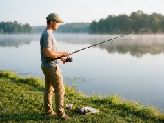 Best Beginner Fishing Setup Under $100 Ready to Fish Beginner angler holding a Shakespeare Ugly Stik GX2 spinning combo at a calm lake bank at dawn