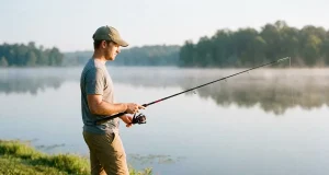 Best Beginner Fishing Setup Under $100 Ready to Fish Beginner angler holding a Shakespeare Ugly Stik GX2 spinning combo at a calm lake bank at dawn