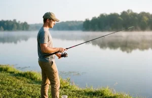 Best Beginner Fishing Setup Under $100 Ready to Fish Beginner angler holding a Shakespeare Ugly Stik GX2 spinning combo at a calm lake bank at dawn