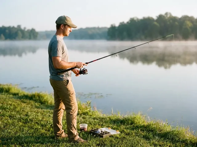 best-beginner-fishing-setup-spinning-combo-lake Beginner angler holding a Shakespeare Ugly Stik GX2 spinning combo at a calm lake bank at dawn