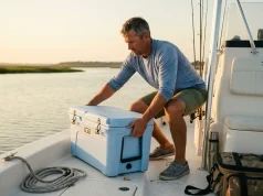 Best Fishing Coolers That Actually Hold Ice Angler loading a fishing cooler onto a boat deck at dawn before a day on the water
