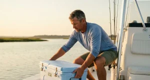 Best Fishing Coolers That Actually Hold Ice Angler loading a fishing cooler onto a boat deck at dawn before a day on the water