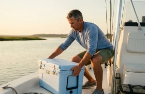Best Fishing Coolers That Actually Hold Ice Angler loading a fishing cooler onto a boat deck at dawn before a day on the water