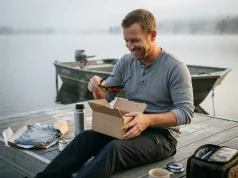 Best Fishing Gifts Anglers Actually Use in 2026 Angler unwrapping fishing gifts on a dock including KastKing polarized sunglasses and a tackle bag