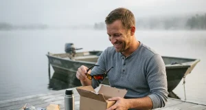 Best Fishing Gifts Anglers Actually Use in 2026 Angler unwrapping fishing gifts on a dock including KastKing polarized sunglasses and a tackle bag