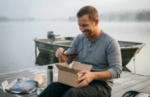Best Fishing Gifts Anglers Actually Use in 2026 Angler unwrapping fishing gifts on a dock including KastKing polarized sunglasses and a tackle bag