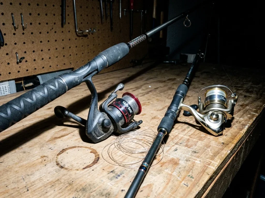 A budget fishing rod and a premium rod side by side on a garage workbench for comparison