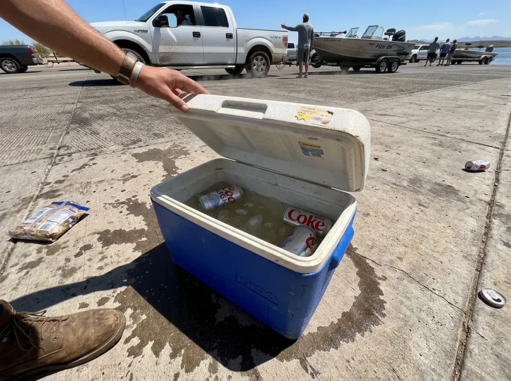 A basic budget cooler on a hot dock with meltwater pooling around it beside a warm soda