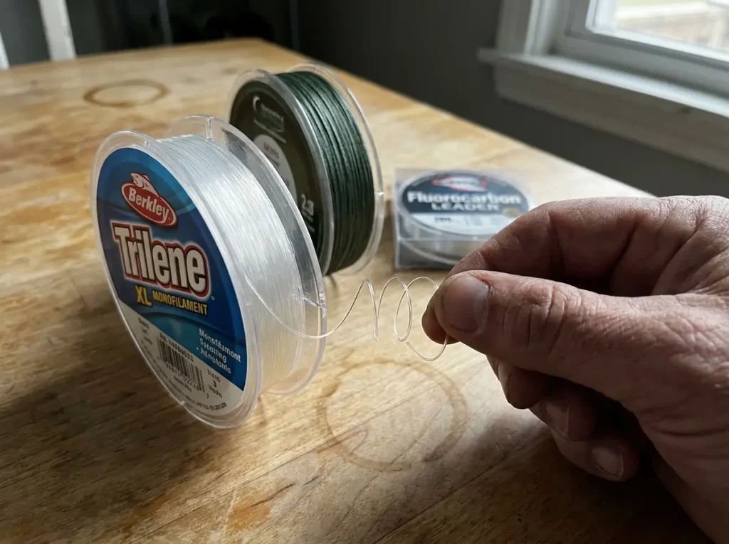 Close-up of monofilament fishing line spools next to a spinning reel