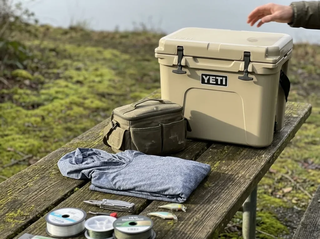 Fishing gifts spread on a bench by price, from cheap line and tools up to a YETI cooler splurge