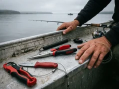 Fishing Pliers or a Tool Kit Which You Really Need Fishing pliers and a small tool kit laid out on a boat gunwale on an overcast morning