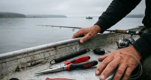 Fishing Pliers or a Tool Kit Which You Really Need Fishing pliers and a small tool kit laid out on a boat gunwale on an overcast morning