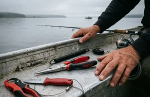 Fishing Pliers or a Tool Kit Which You Really Need Fishing pliers and a small tool kit laid out on a boat gunwale on an overcast morning