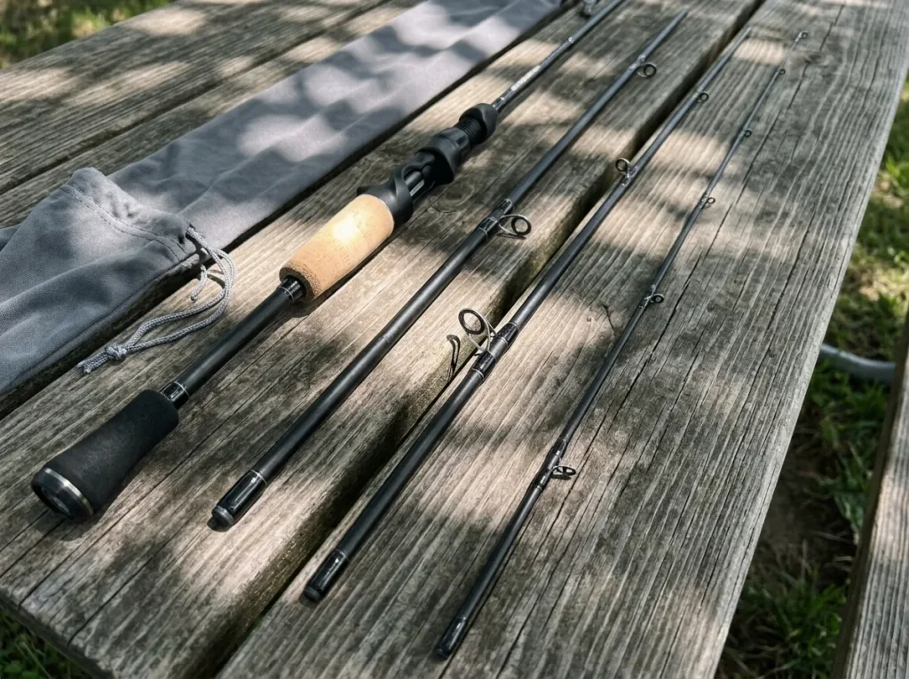 Four-piece travel fishing rod broken down on a wooden picnic table beside its guides and ferrules