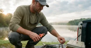 Fishing Tools and Accessories Ranked by What You Use Angler's fishing tools and accessories laid out on a boat gunwale at dawn with pliers in hand