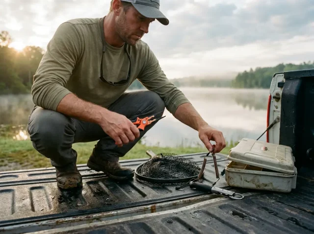 fishing-tools-and-accessories-hero-layout Angler's fishing tools and accessories laid out on a boat gunwale at dawn with pliers in hand