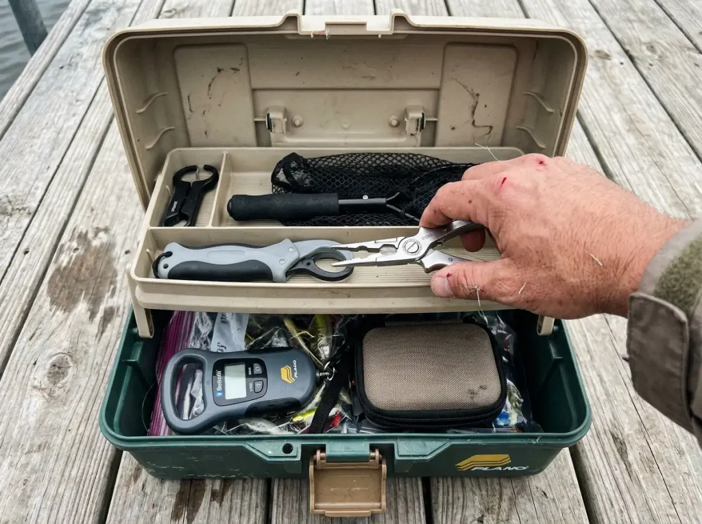 Open tackle bag showing the four fishing tools an angler reaches for every trip on top