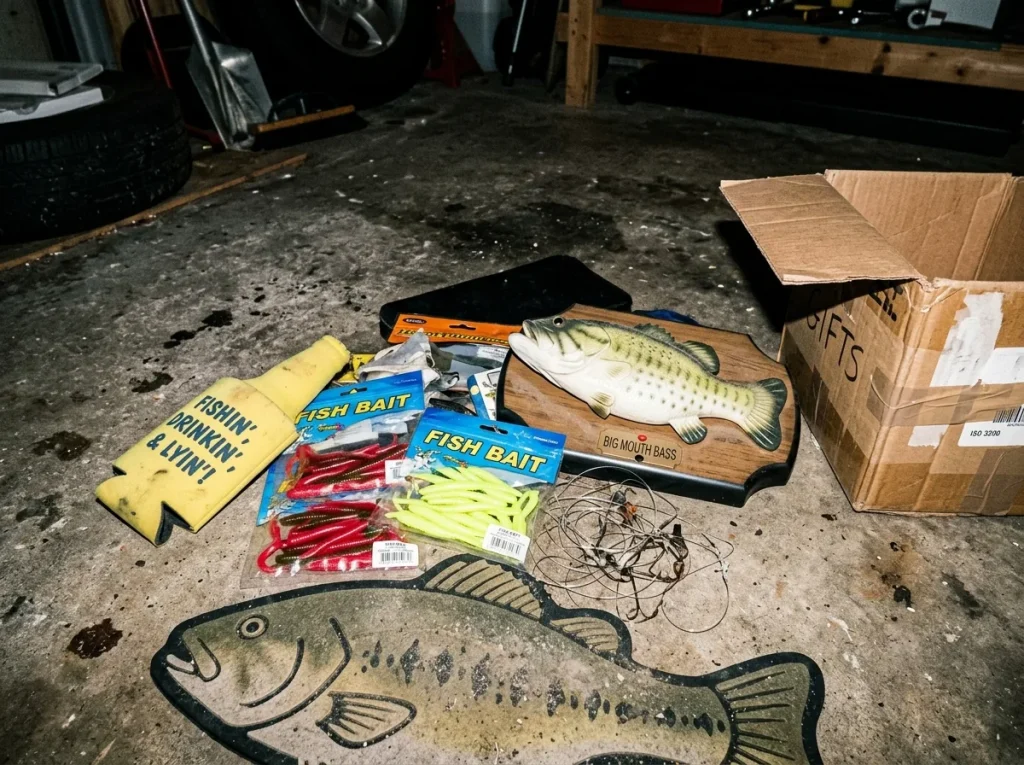 A pile of gimmicky novelty fishing gifts like a fish-shaped doormat and trinkets to avoid buying