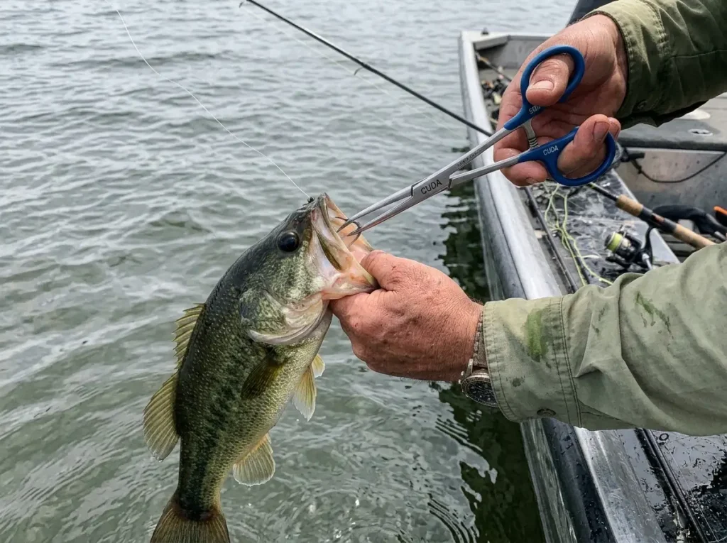 Angler using a long forceps hook remover to back a deep hook out of a fish held boat-side