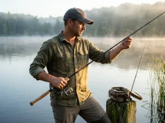 How to Pick a Fishing Rod Without Overpaying Angler holding a spinning rod at dawn deciding on fishing rod setup at the water's edge