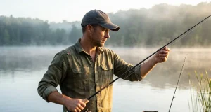 How to Pick a Fishing Rod Without Overpaying Angler holding a spinning rod at dawn deciding on fishing rod setup at the water's edge