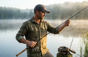How to Pick a Fishing Rod Without Overpaying Angler holding a spinning rod at dawn deciding on fishing rod setup at the water's edge