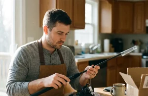 How to Set Up a Fishing Rod Without the Twist Beginner setting up a new spinning rod and reel combo on a kitchen table