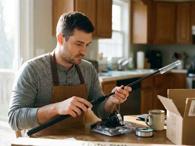 how-to-set-up-a-fishing-rod-kitchen-table Beginner setting up a new spinning rod and reel combo on a kitchen table