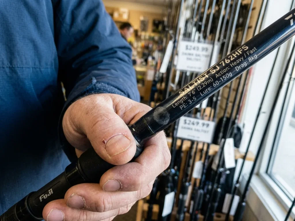 Close-up of the printed spec code near a fishing rod handle showing power action and line rating