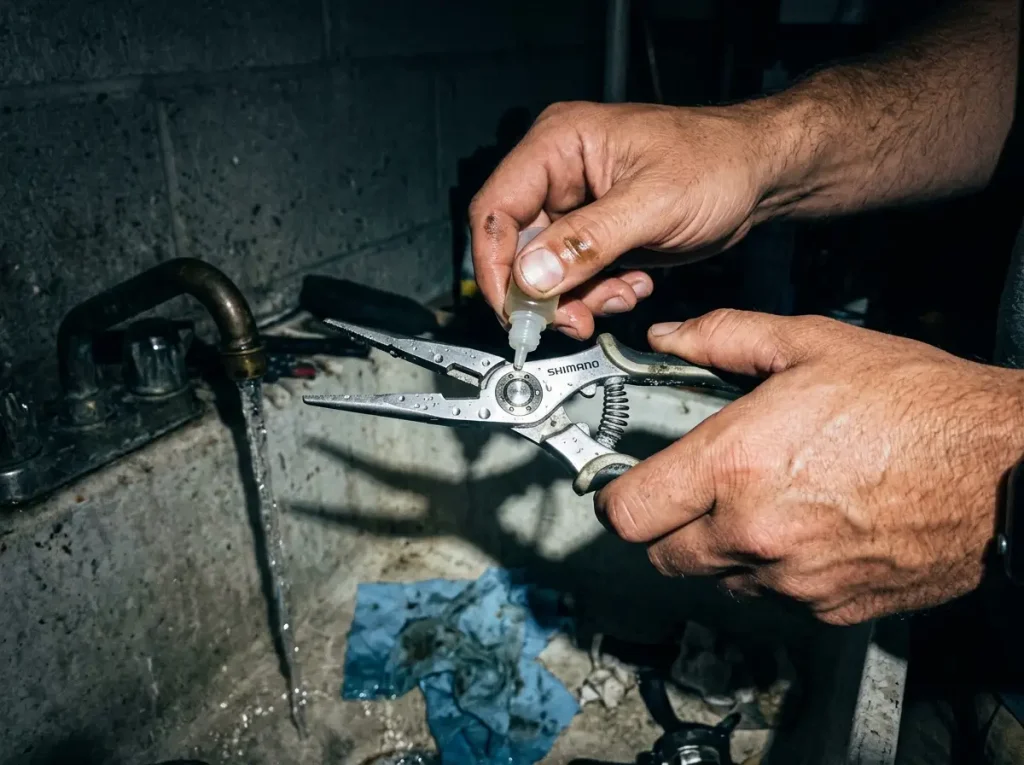 Angler rinsing and putting a drop of oil on a fishing plier pivot after a saltwater trip