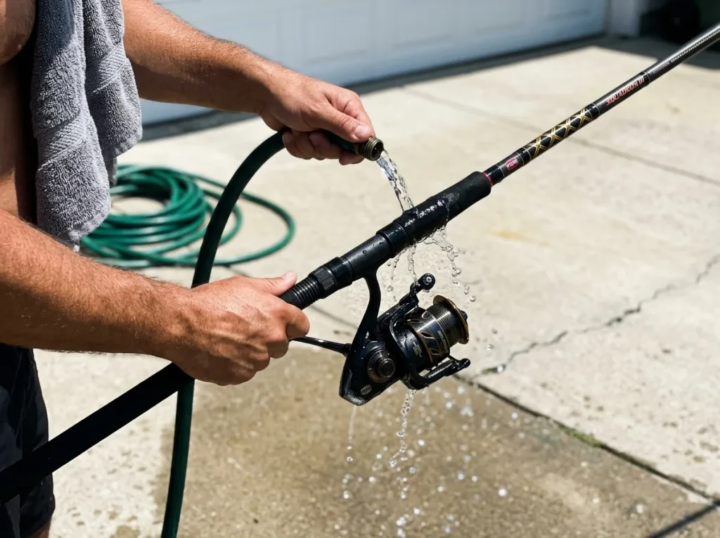 Angler rinsing a saltwater surf fishing rod and reel with fresh water from a hose after a trip