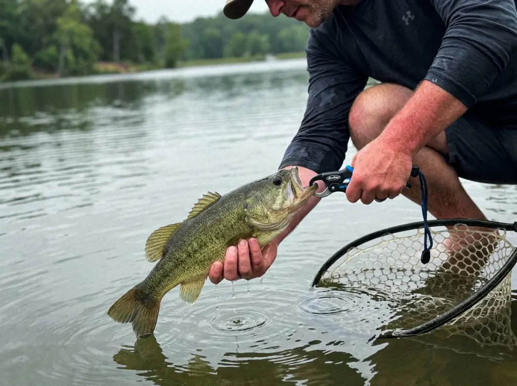 Angler holding a bass horizontally with wet hands over the water for a quick safe release