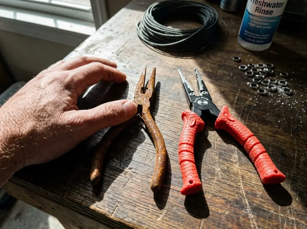 Close-up comparing a corroded cheap plier against a coated stainless Bubba plier on a workbench